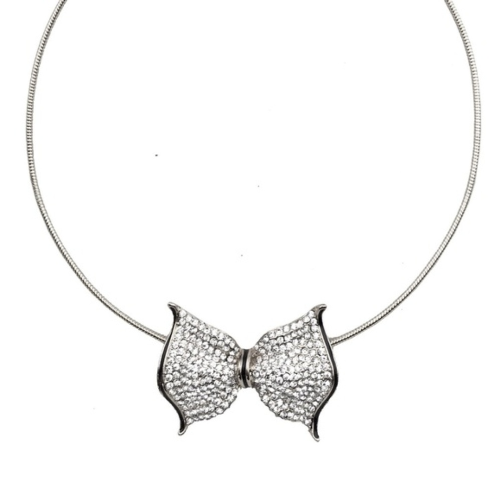 Silver Rhinestone Pave Bow Choker Necklace